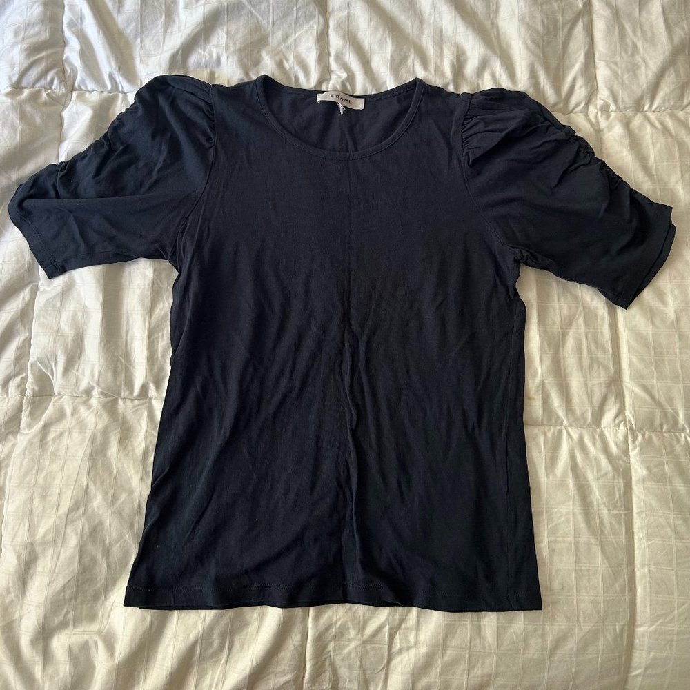 Frame Navy Tee with Ruched Shoulder Detail (Small)